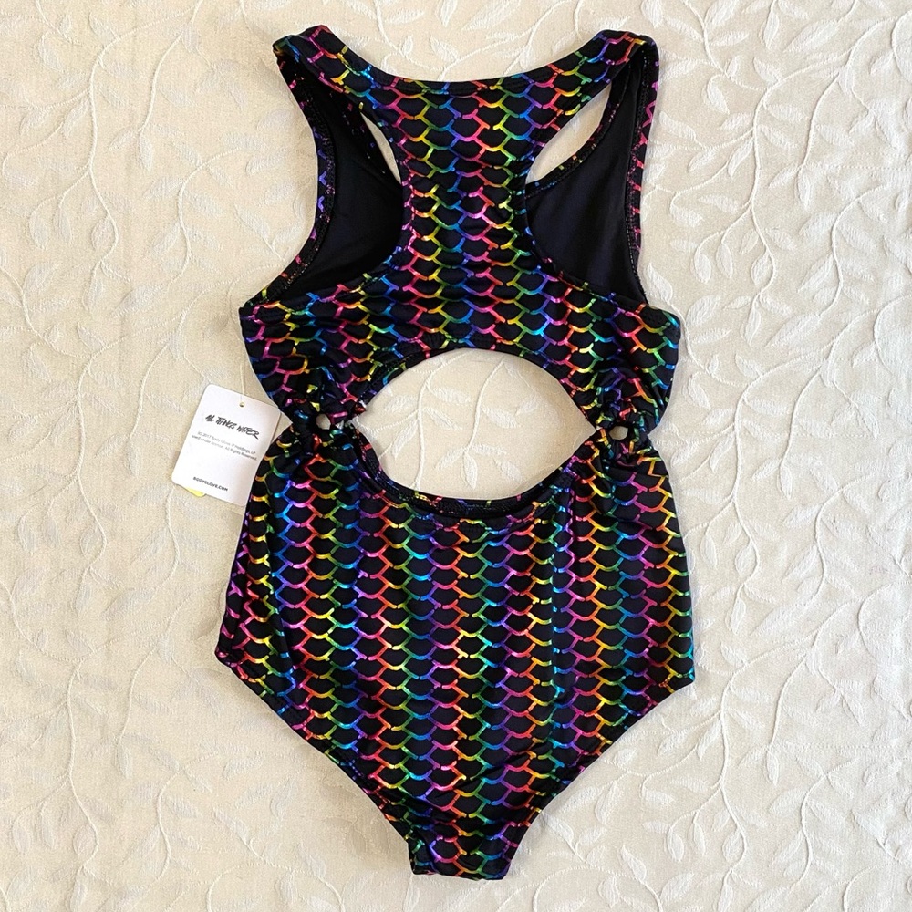 Body Glove Swimsuit Girls size 10 Rainbow Scale Cutout One-Piece Black Multi NWT - Picture 7 of 10